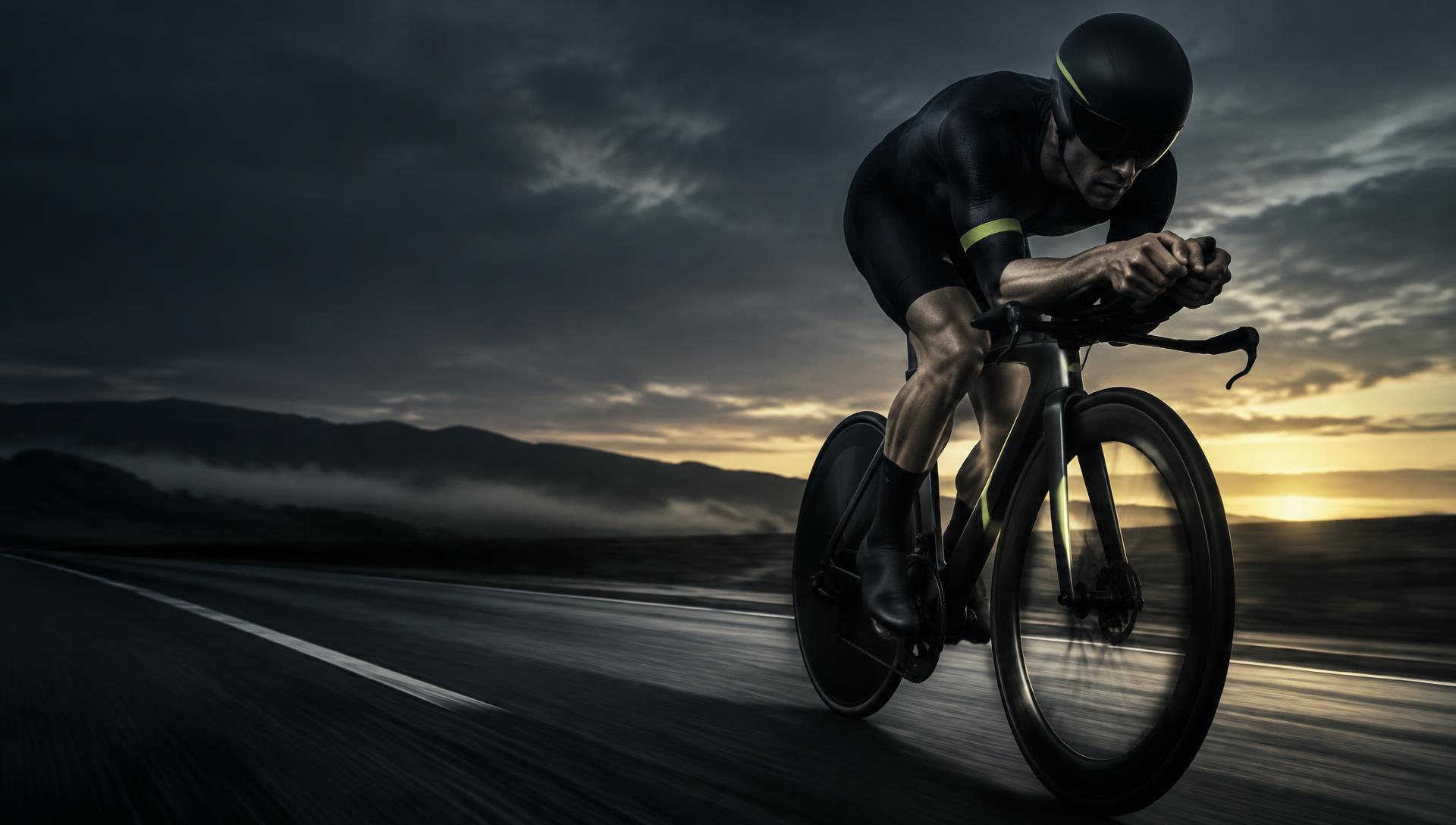 Triatleta pedalando ao amanhecer