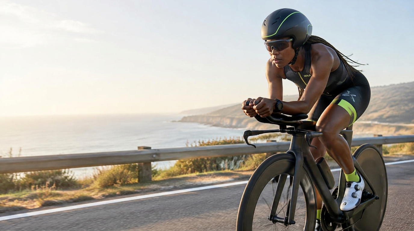 Triatleta de capacete pedalando à beira-mar